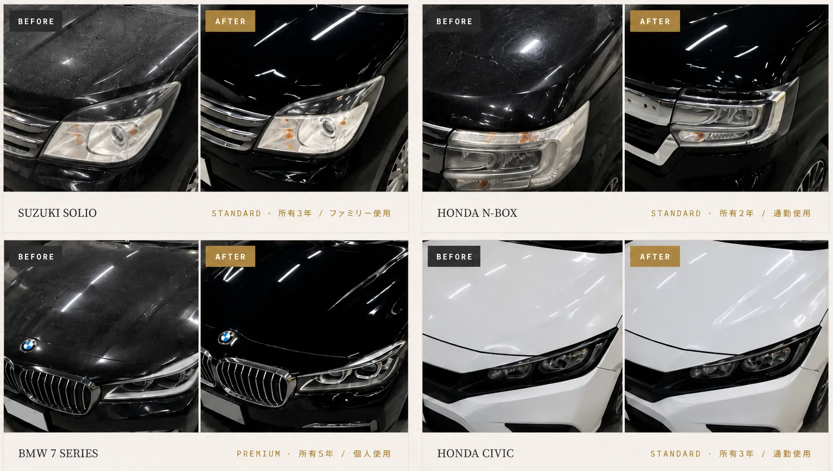 カーディテイリング施工事例 ビフォーアフター:スズキ ソリオ、ホンダ N-BOX、BMW 7シリーズ、ホンダ シビックの磨き・コーティング前後比較